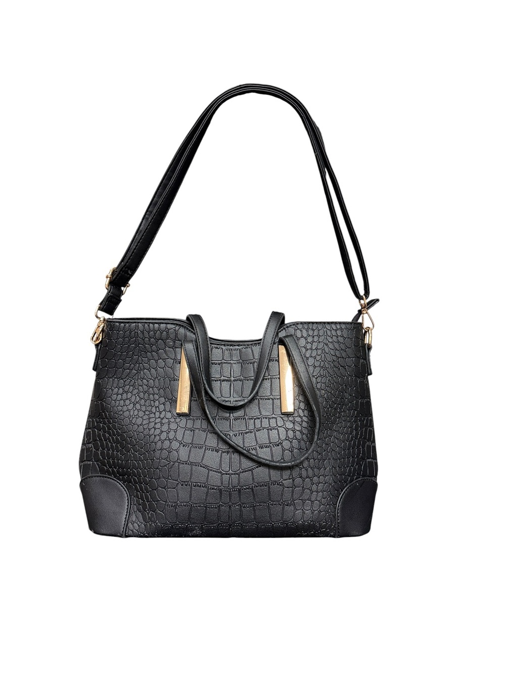 Black Croc Embossed Satchel Tote Bag | Gold Hardware | Shoulder & Crossbody Styl - Picture 2 of 10